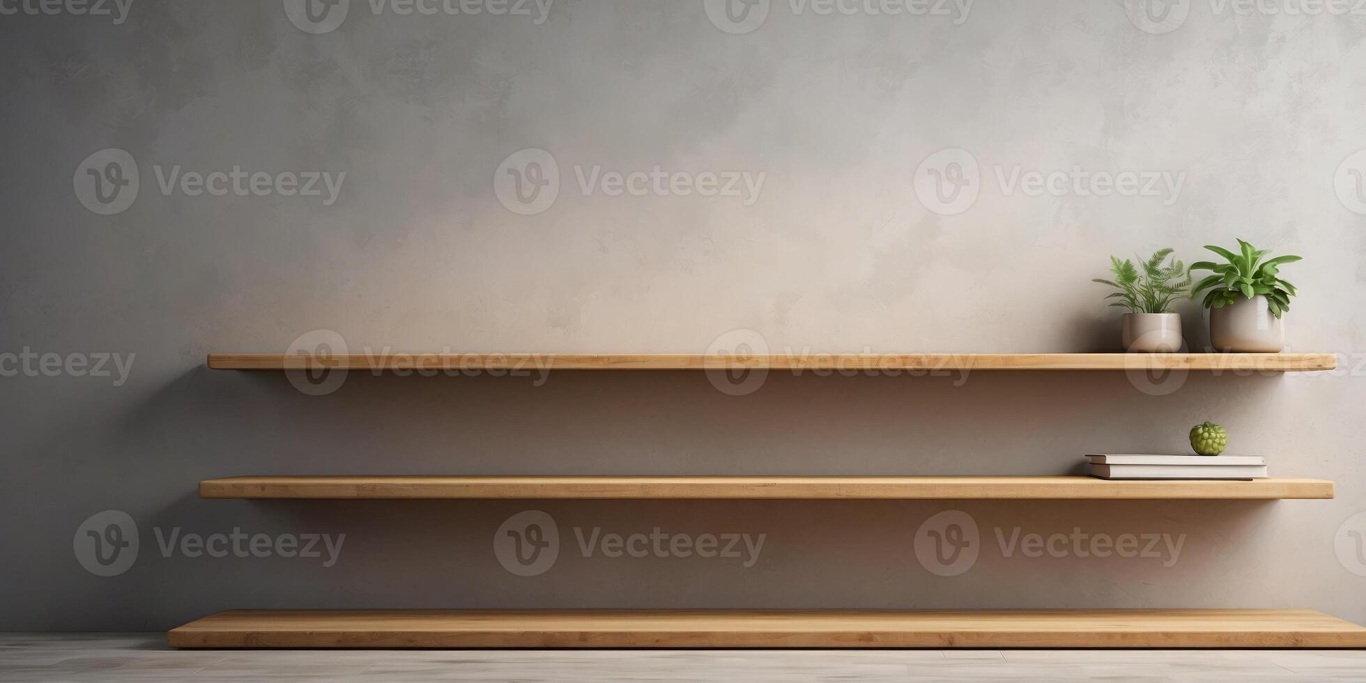Close up of an empty wooden shelf on a concrete wall. photo