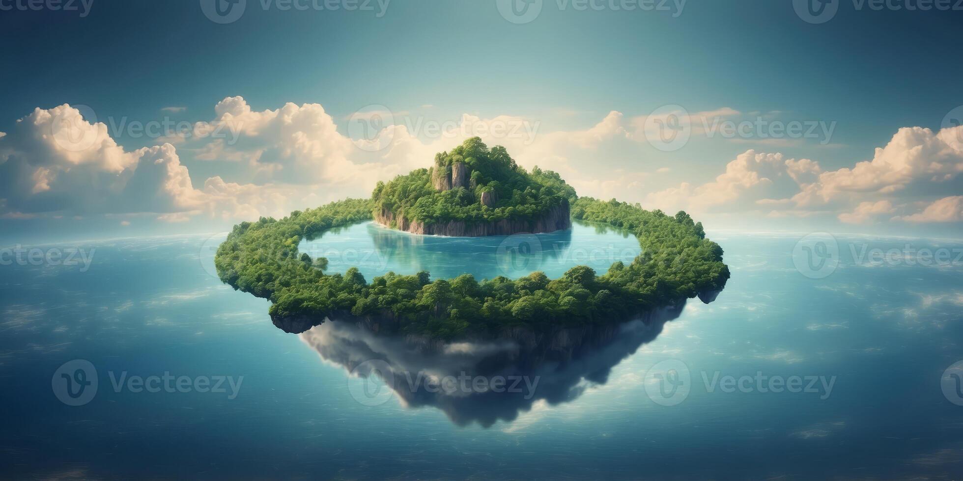 Floating island in the sky with a central island in the sea, encircled by clouds. photo