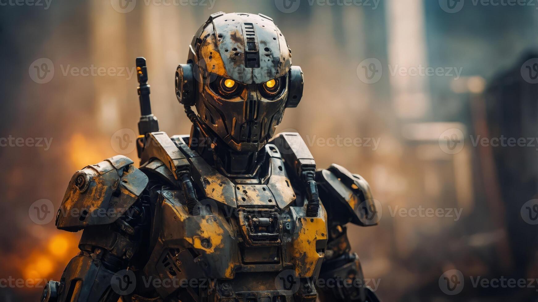 A robot soldier stands guard in a post-apocalyptic world. photo