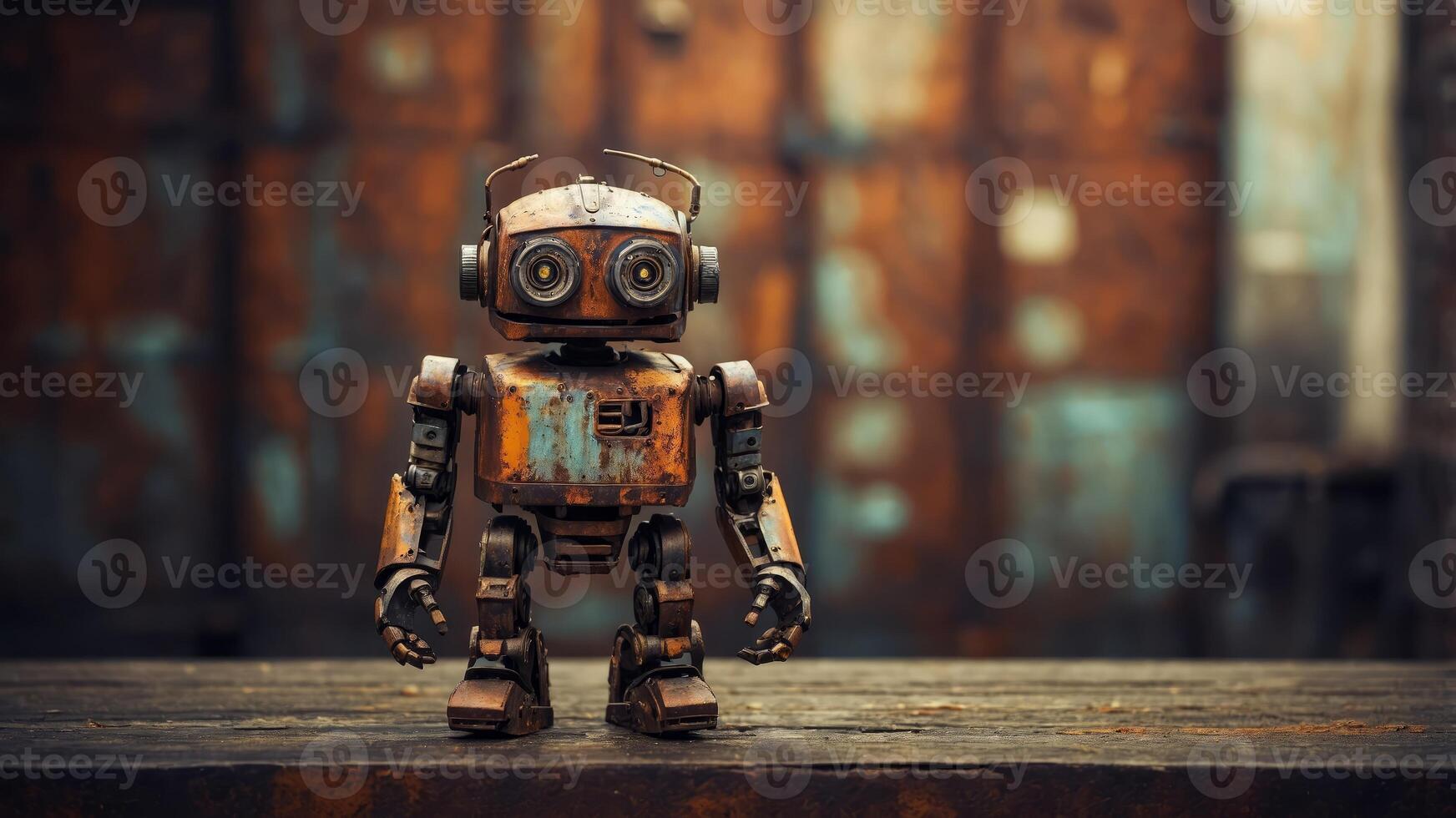 A rusty robot stands in front of a rusty metal wall. photo