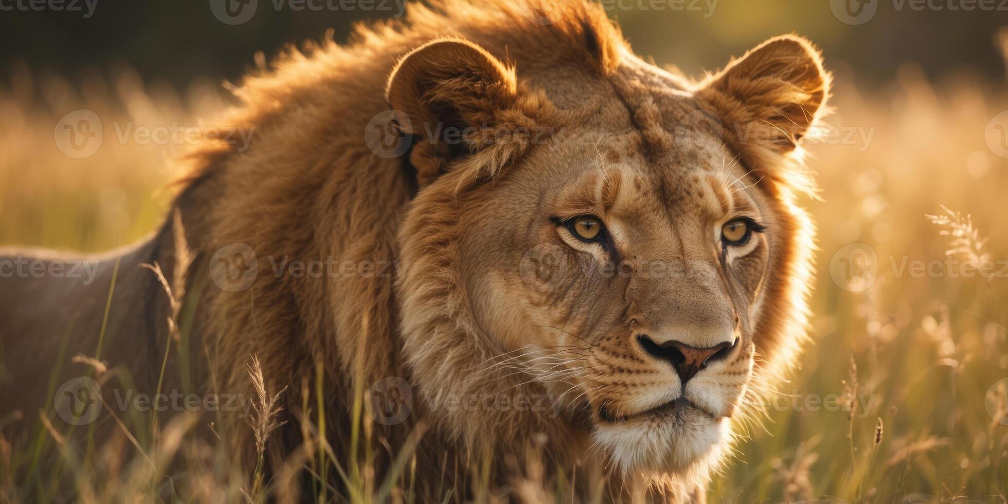 A tight shot of a lion in a sea of tall grasses, bathed in sun rays as it reaches his radiant face. photo