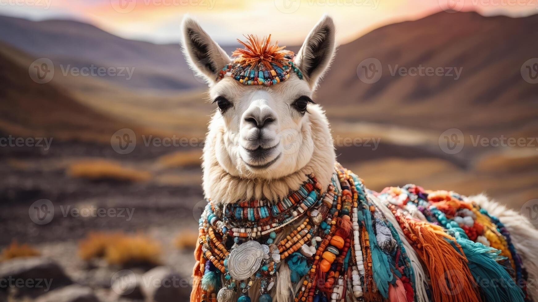 Clipart of a llama decorated with a boho blanket and beaded necklaces watercolor charm of the Andes. photo