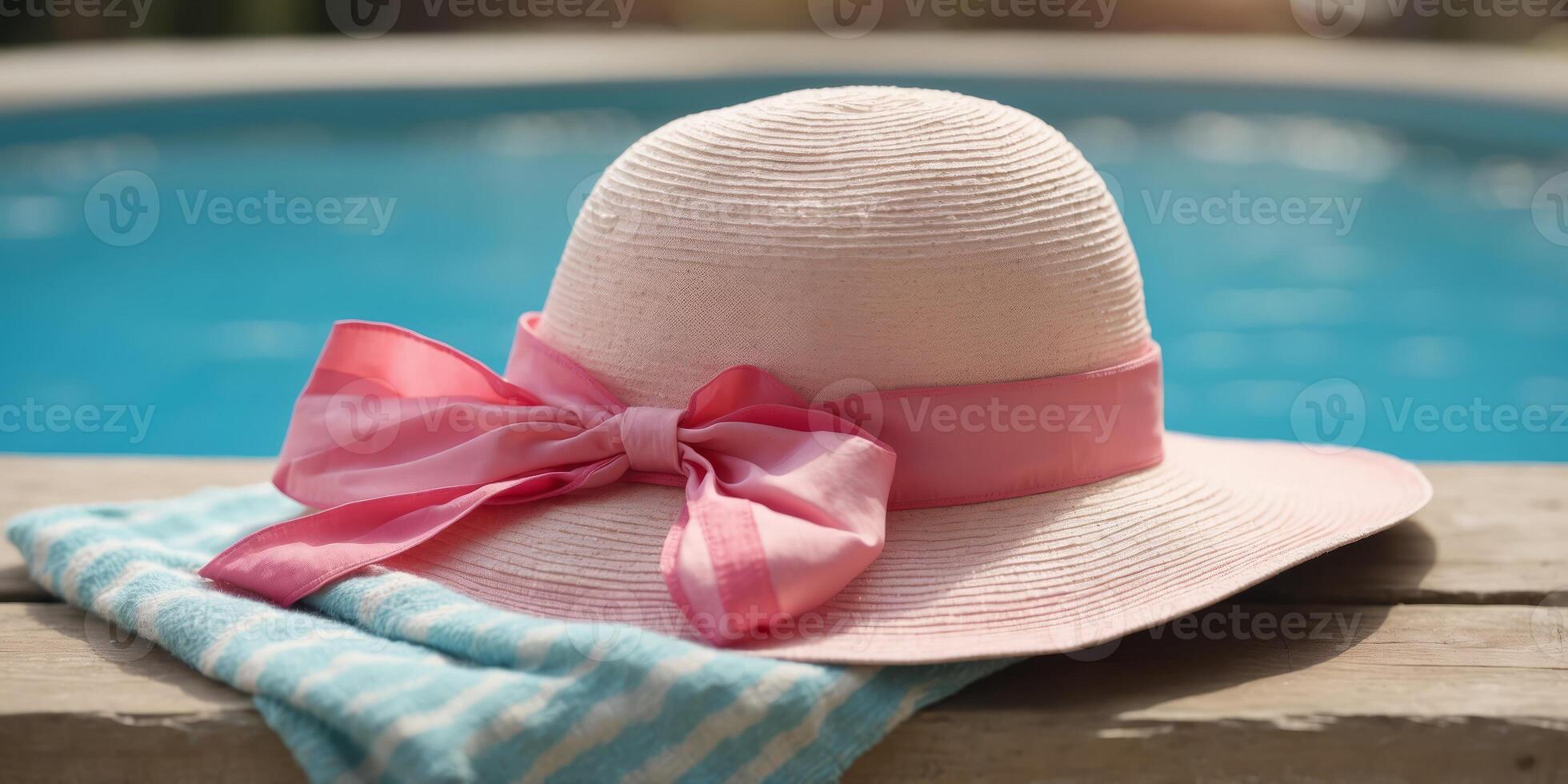 A sun hat with a pink ribbon and a striped towel lie by a clear blue pool Minimal summer vacation idea. photo