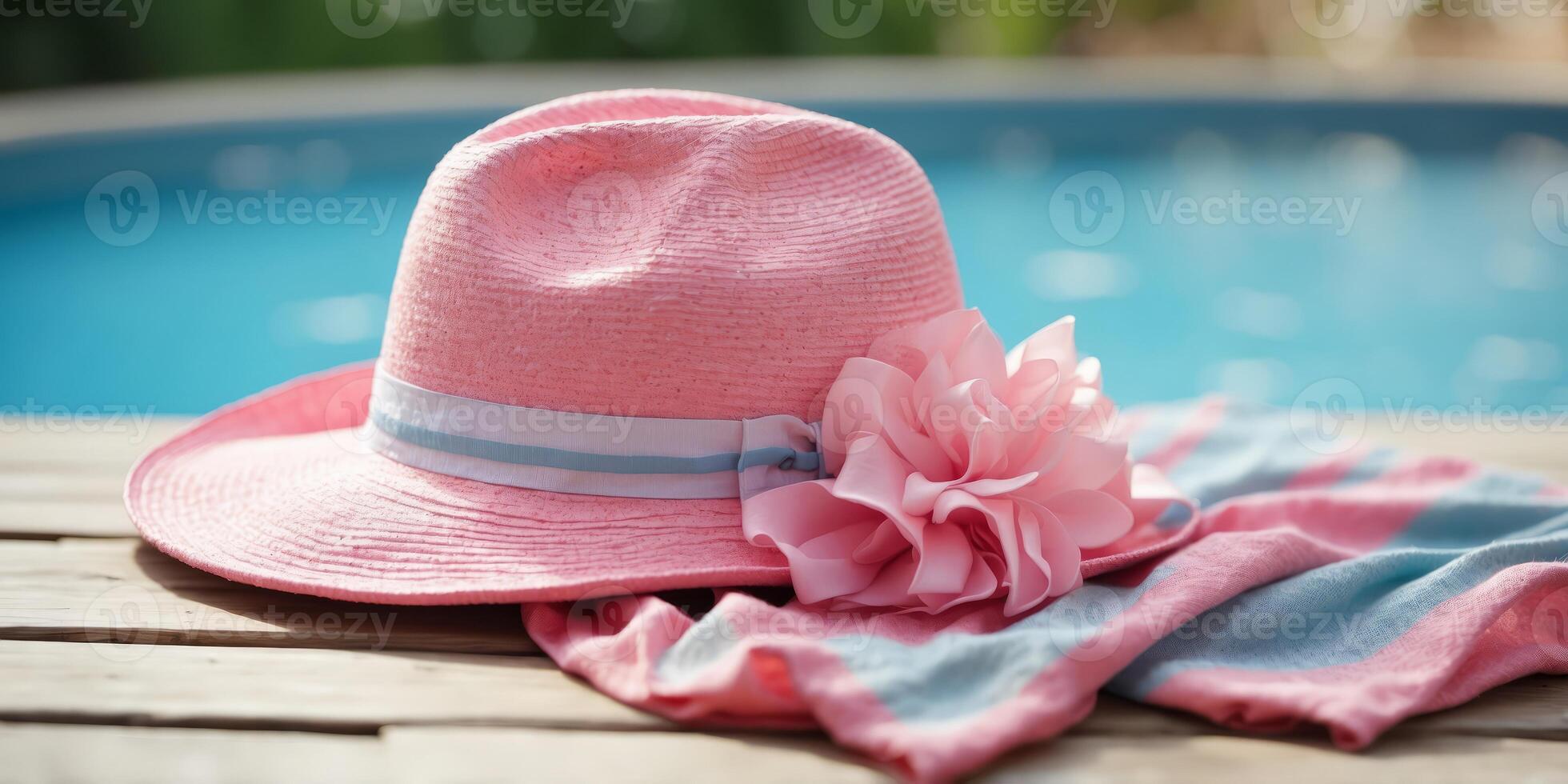 A sun hat with a pink ribbon and a striped towel lie by a clear blue pool Minimal summer vacation idea. photo