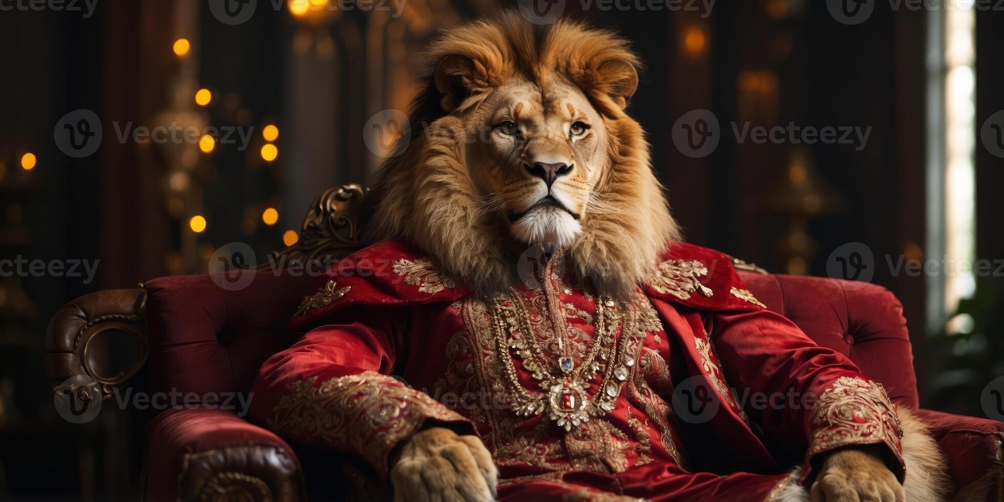 a lion wearing royal attire and sitting on a sofa shaped like a piece of meat. photo