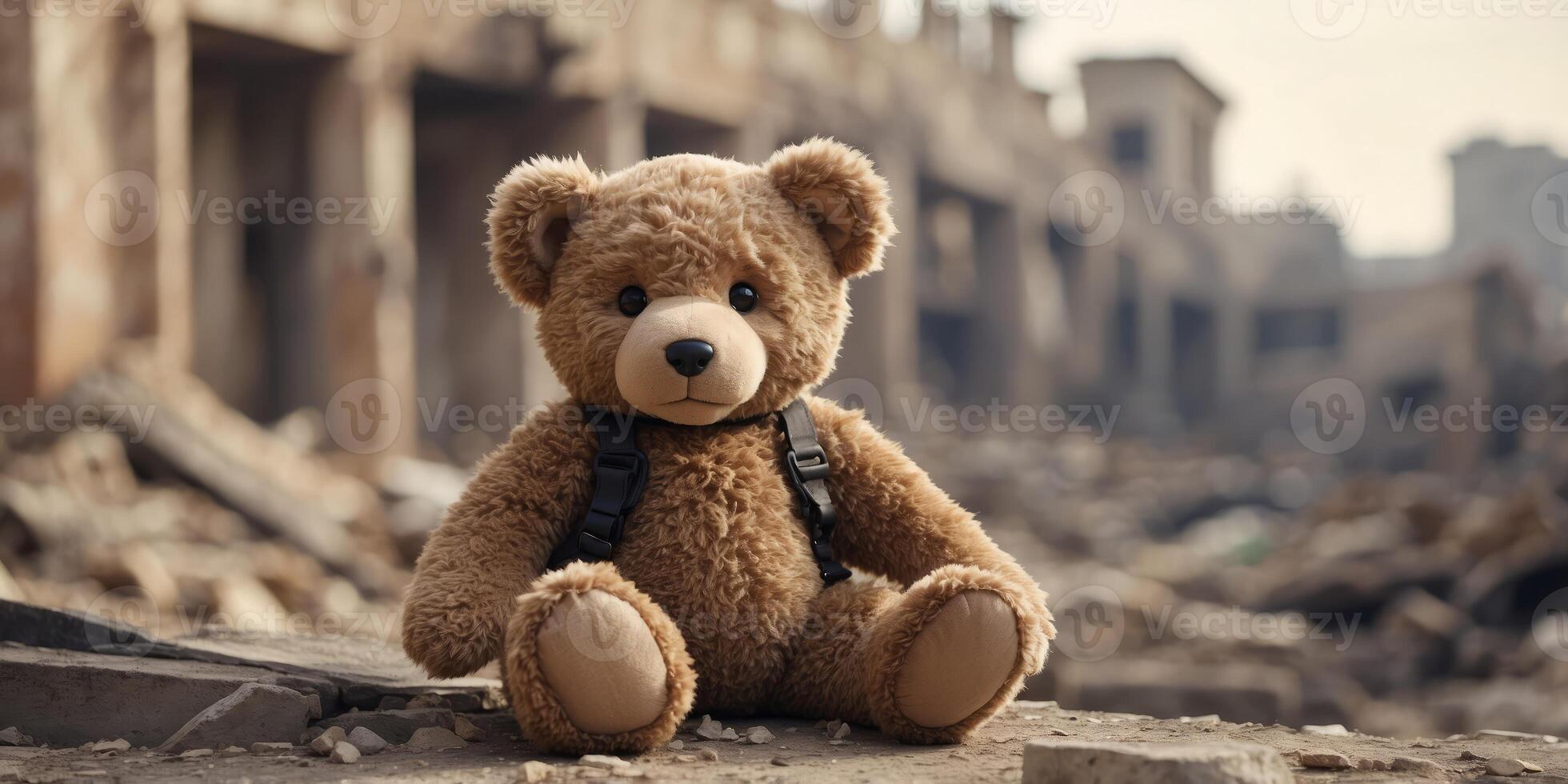 a teddy bear sitting amidst the ruins of a destroyed city. photo