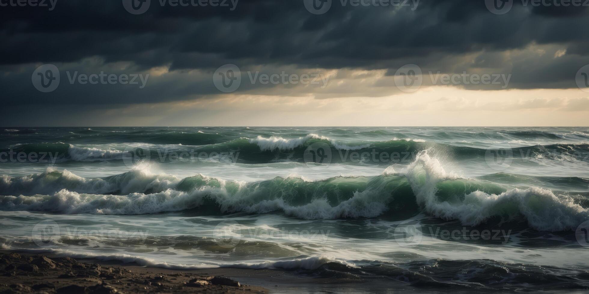 waves crashing onto the shore, dark clouds looming overhead. photo