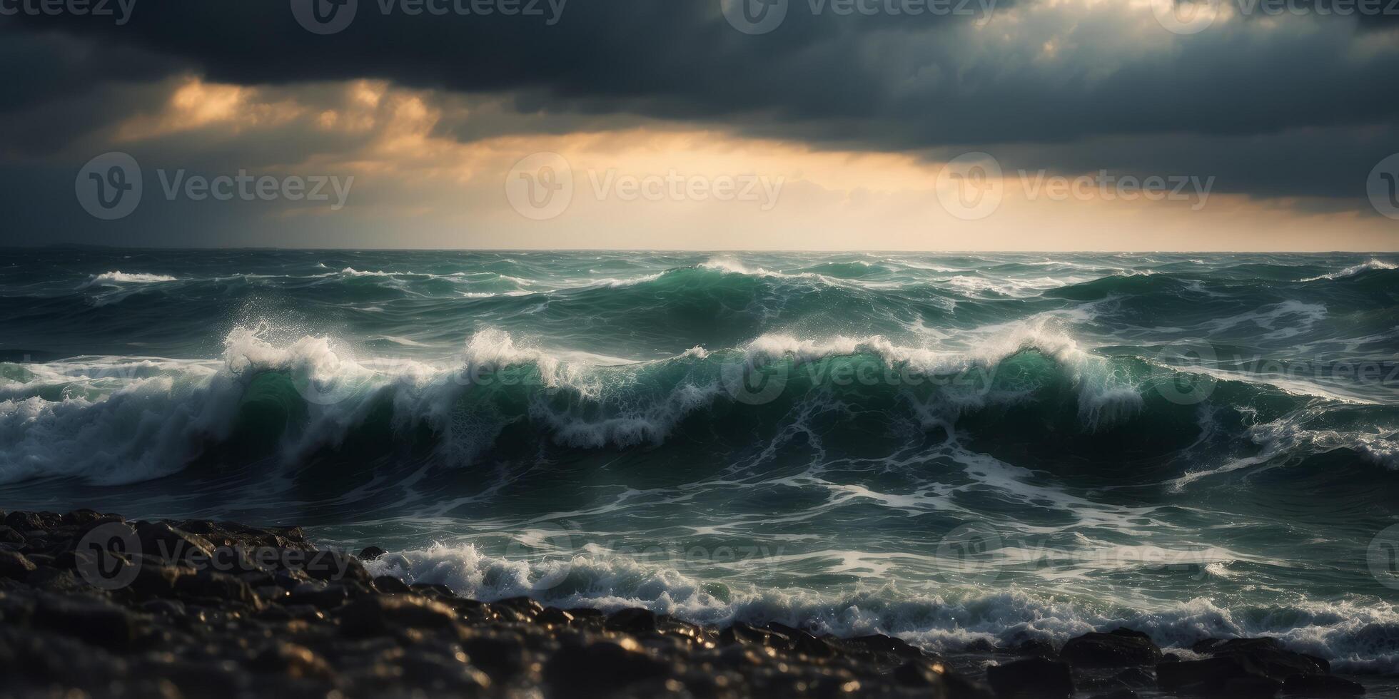 waves crashing onto the shore, dark clouds looming overhead. photo