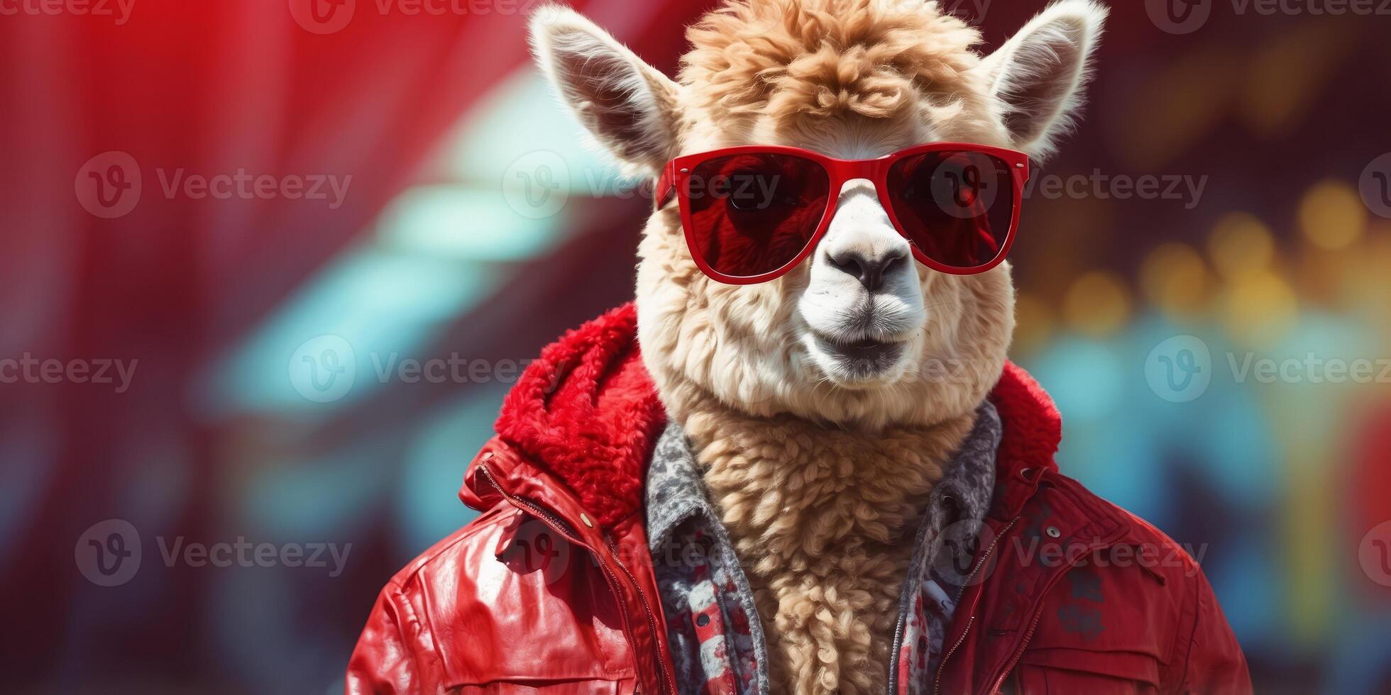 Cool Alpaca in Red Sunglasses and Jacket, Comic Book Style. photo