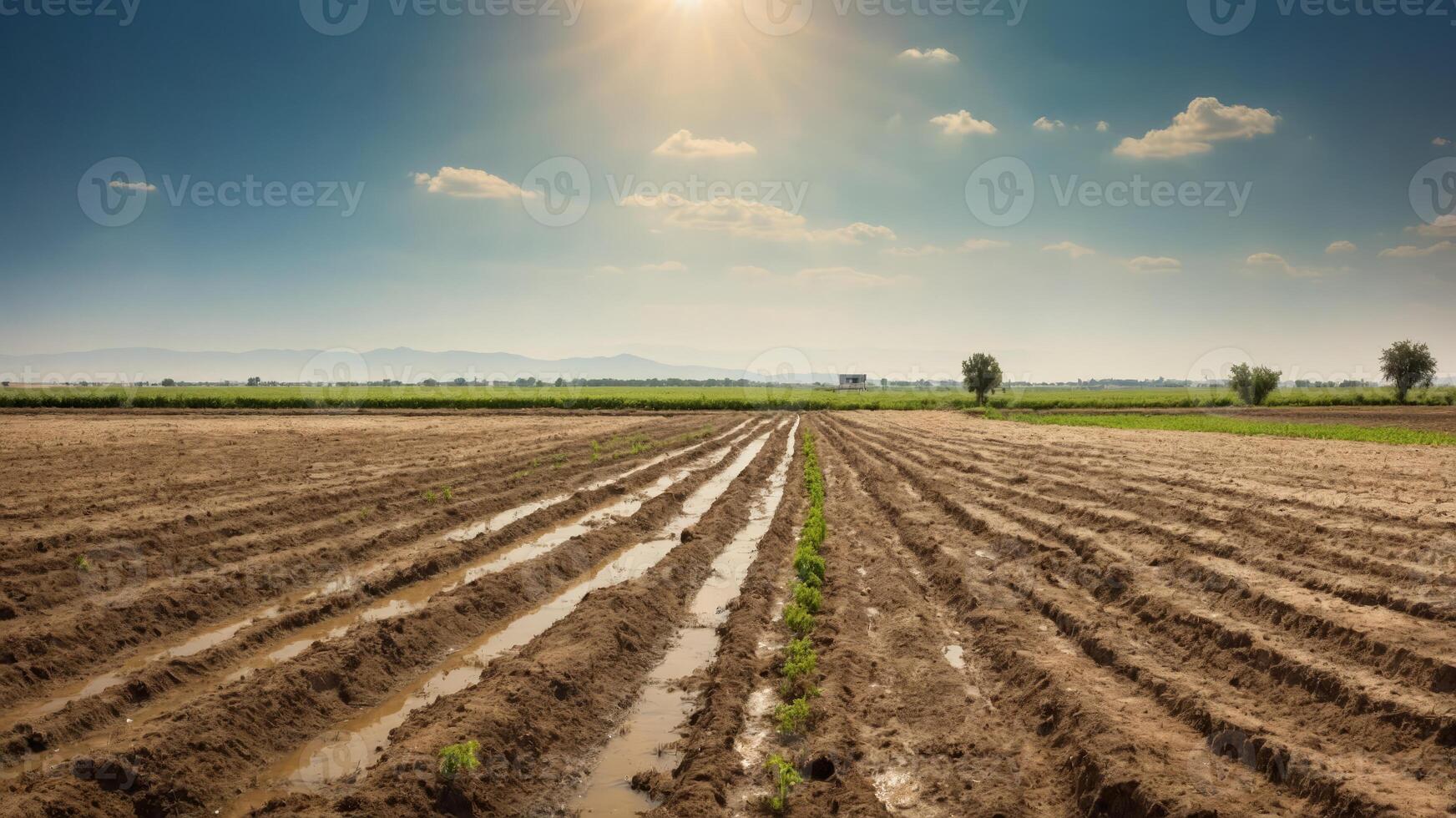 A barren land transformed into a fertile farm thanks to the irrigation provided by a solar powered water pump. photo