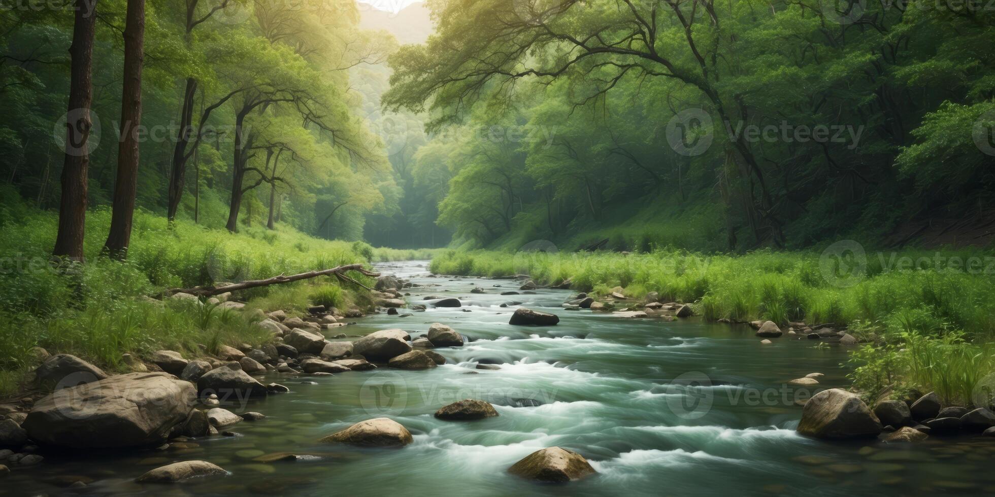 A river winds through a verdant forest, teeming with abundant green vegetation and boulders along its banks. photo