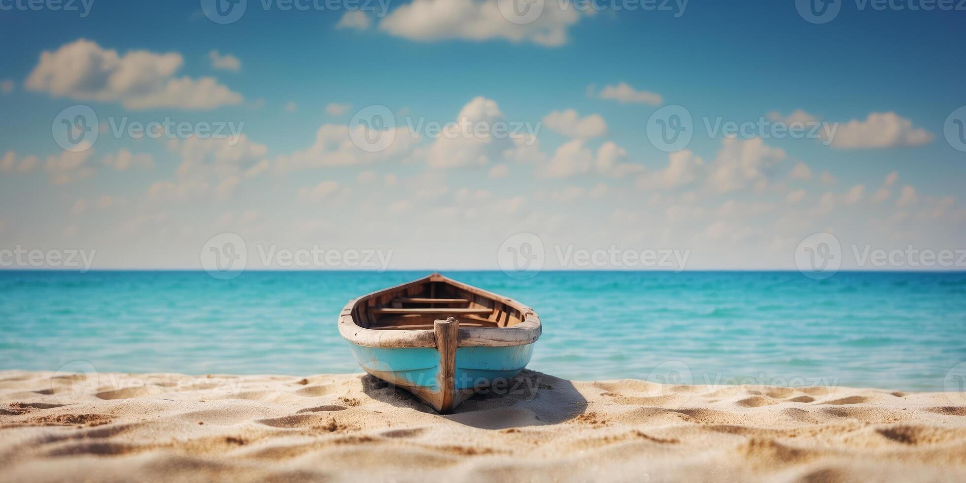 A boat floats on a body of water, adjacent to a sandy beach, and is framed by a blue sky dotted with clouds. photo