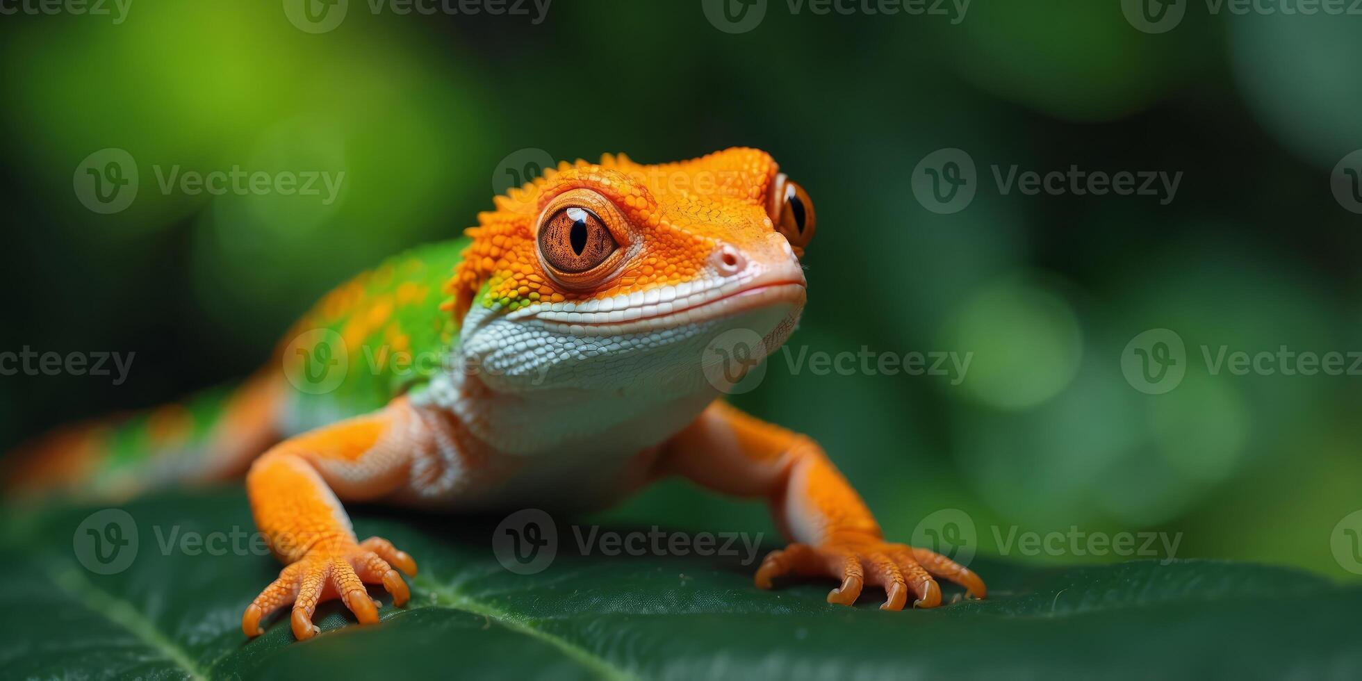 A close-up of a bright orange and green gecko on a leaf. photo