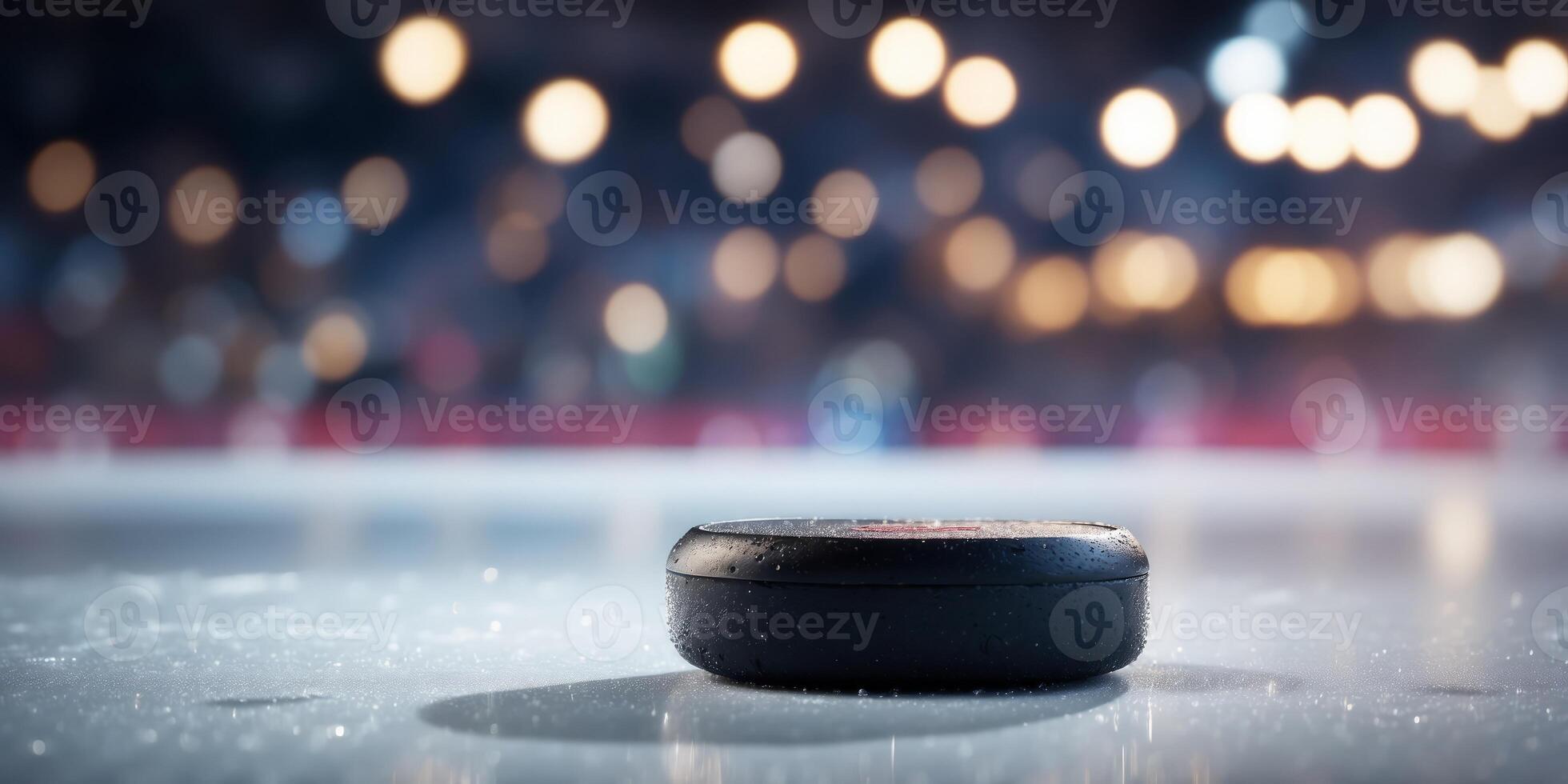 A close-up of a hockey puck on an ice rink with blurred lights. photo