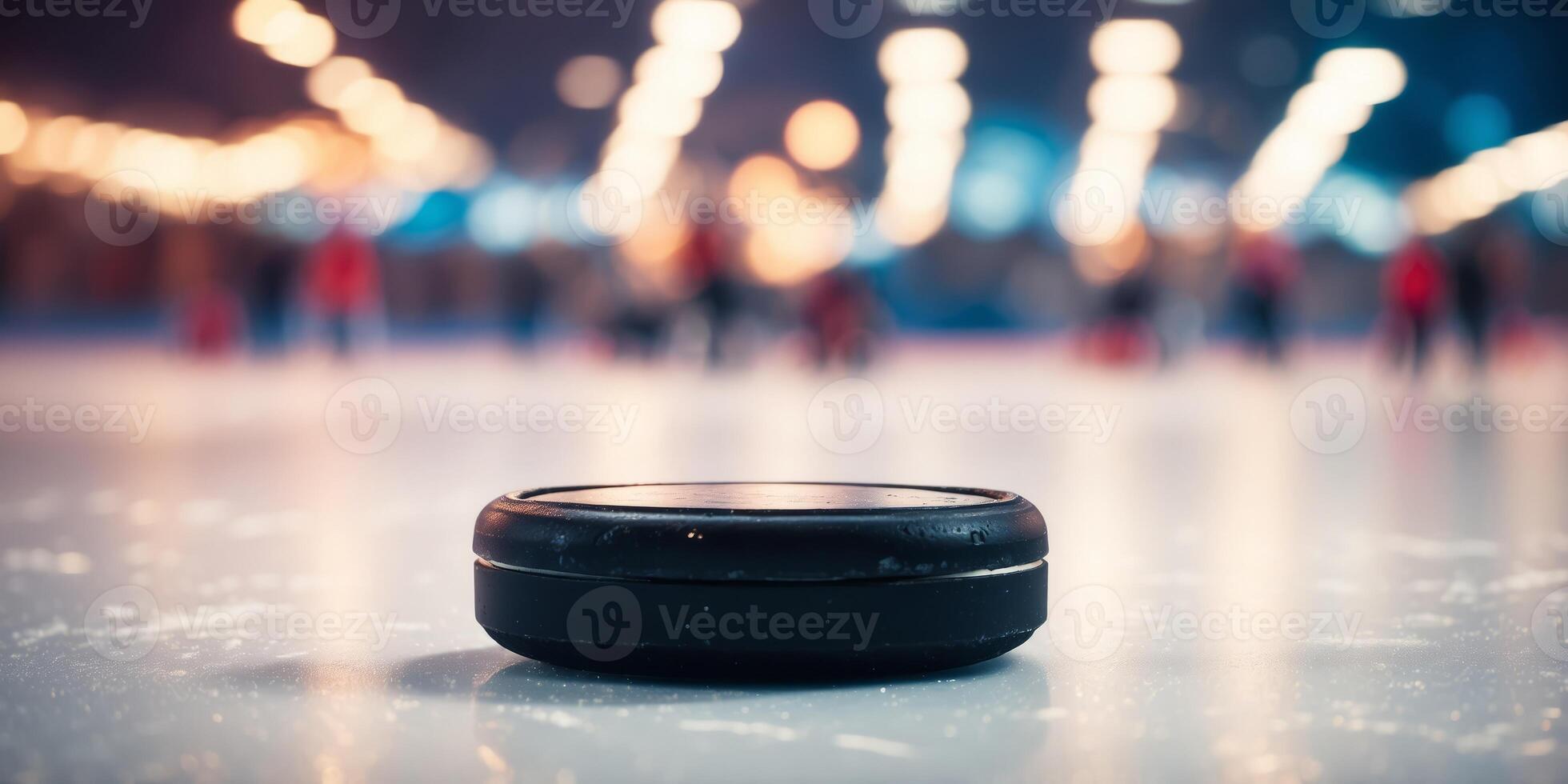 A close-up of a hockey puck on an ice rink with blurred lights. photo