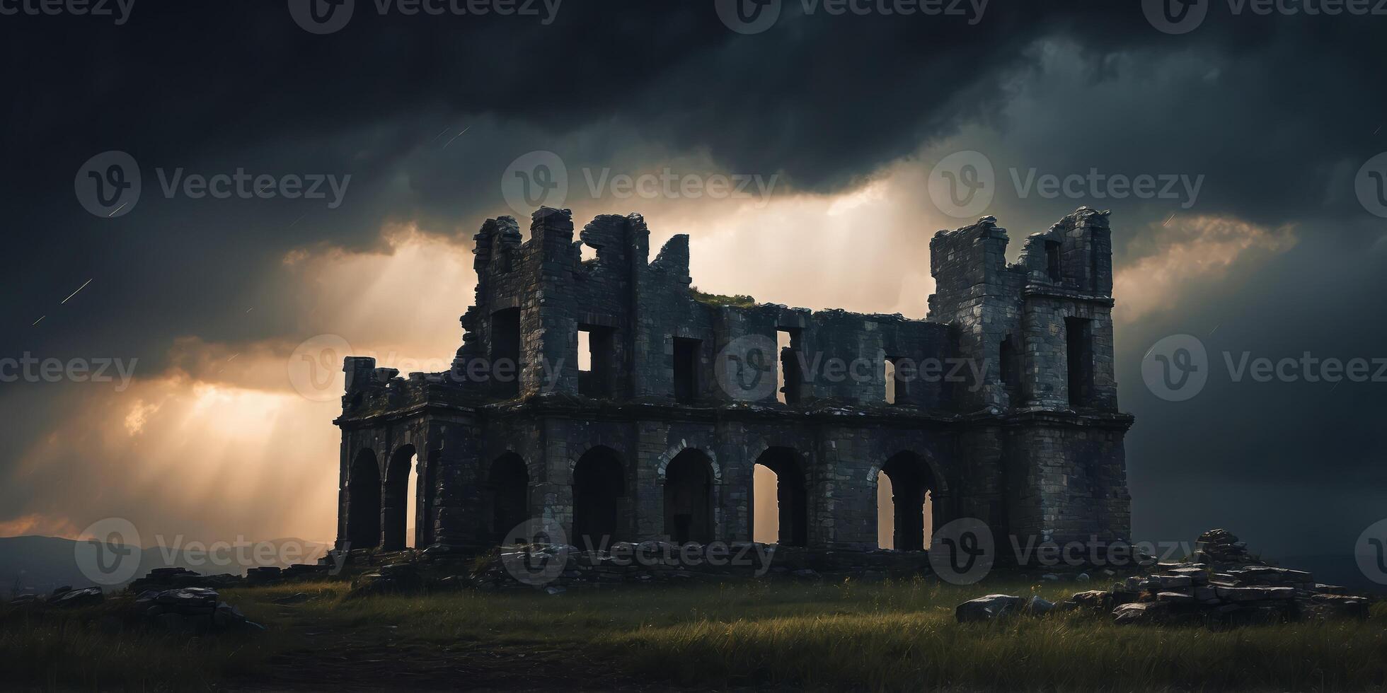 A dark, atmospheric ruin with eerie lighting and stormy skies. photo