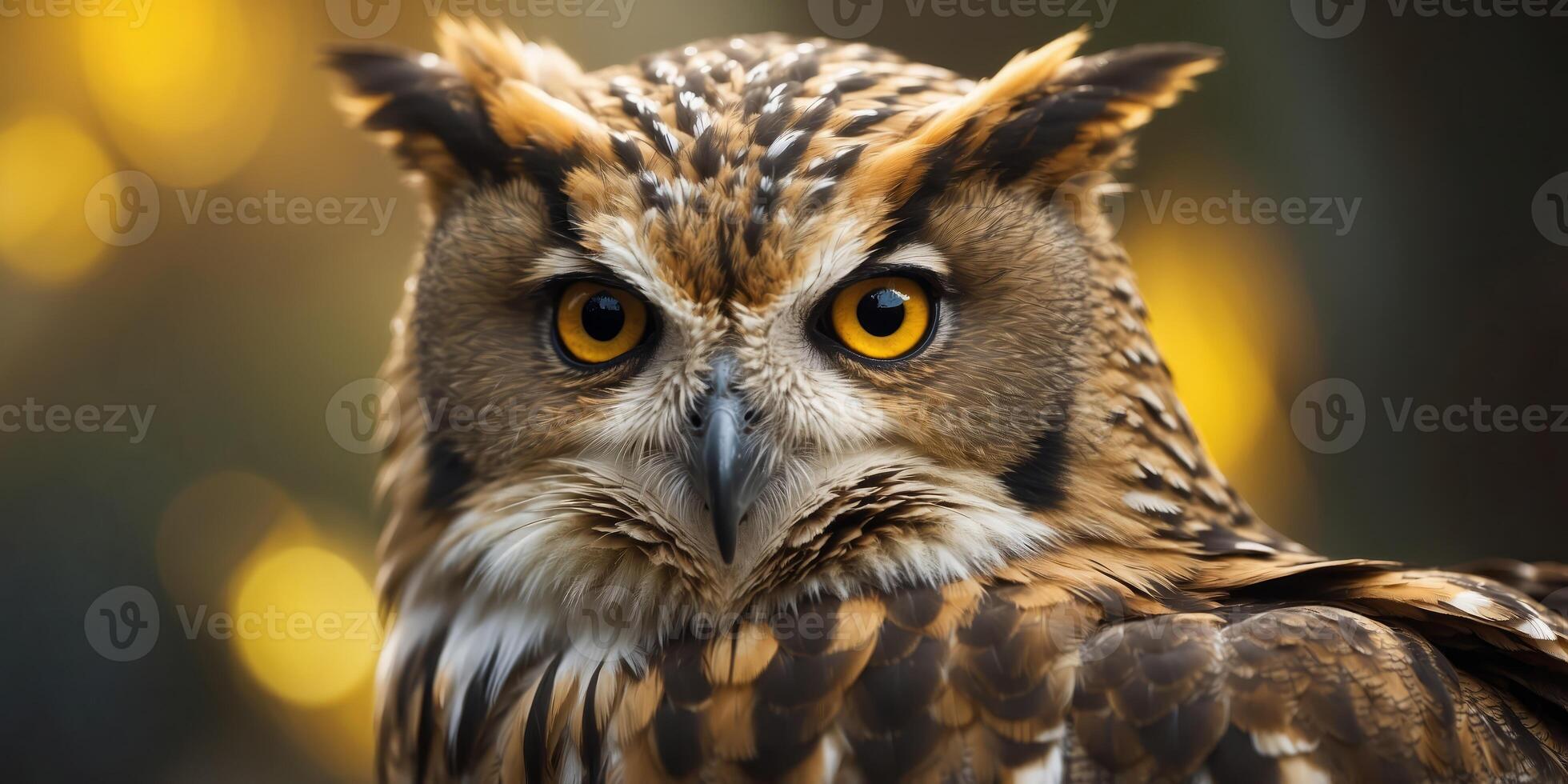 A tight shot of an owl's face with a yellow-eyed bird of prey in the foreground. photo