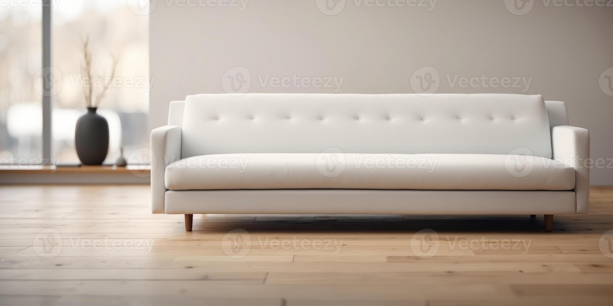 A white couch on a wooden floor Another identical one nearby. photo