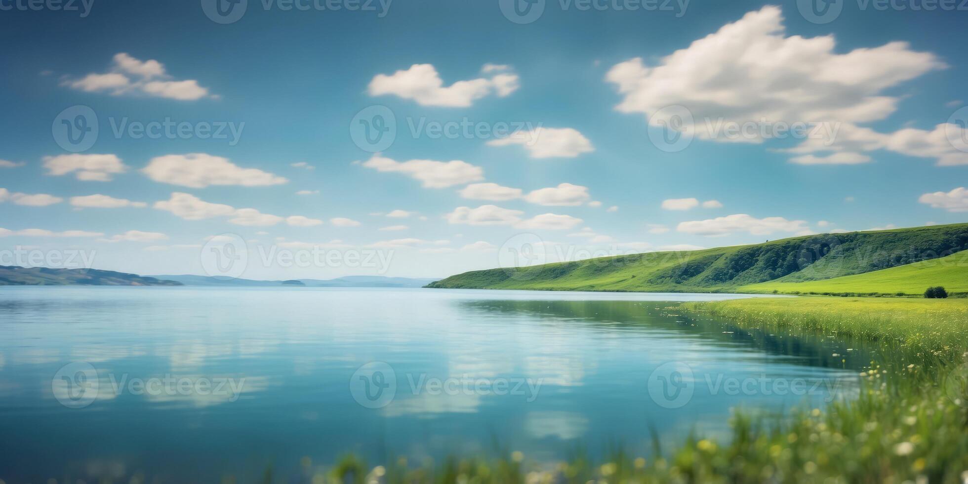 A tranquil expanse of water adjacent to a verdant hillside under a blue sky dotted with wispy clouds. photo