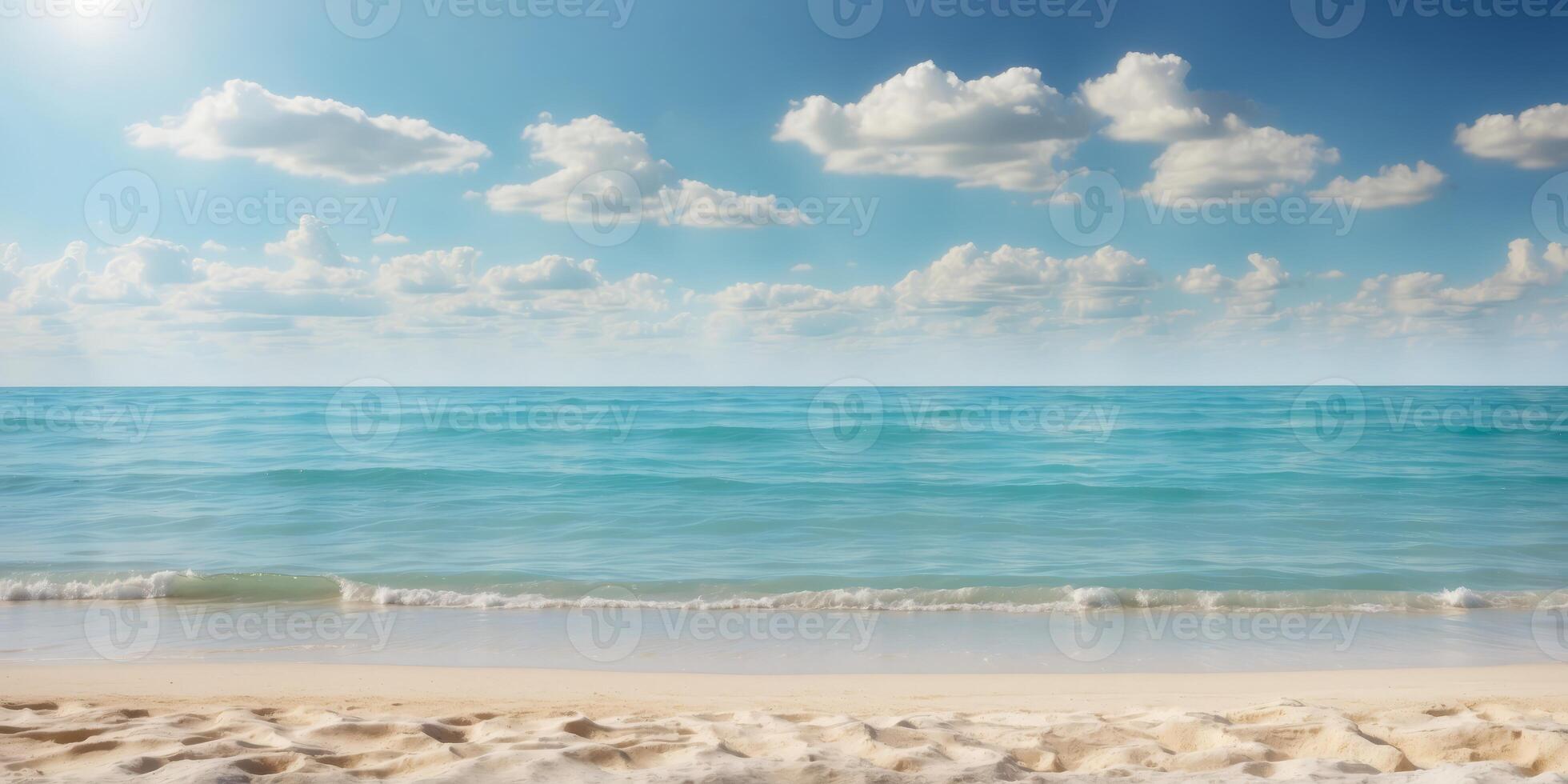 A vast expanse of water rests upon a sandy shore beneath a clear blue sky adorned with fluffy white clouds. photo