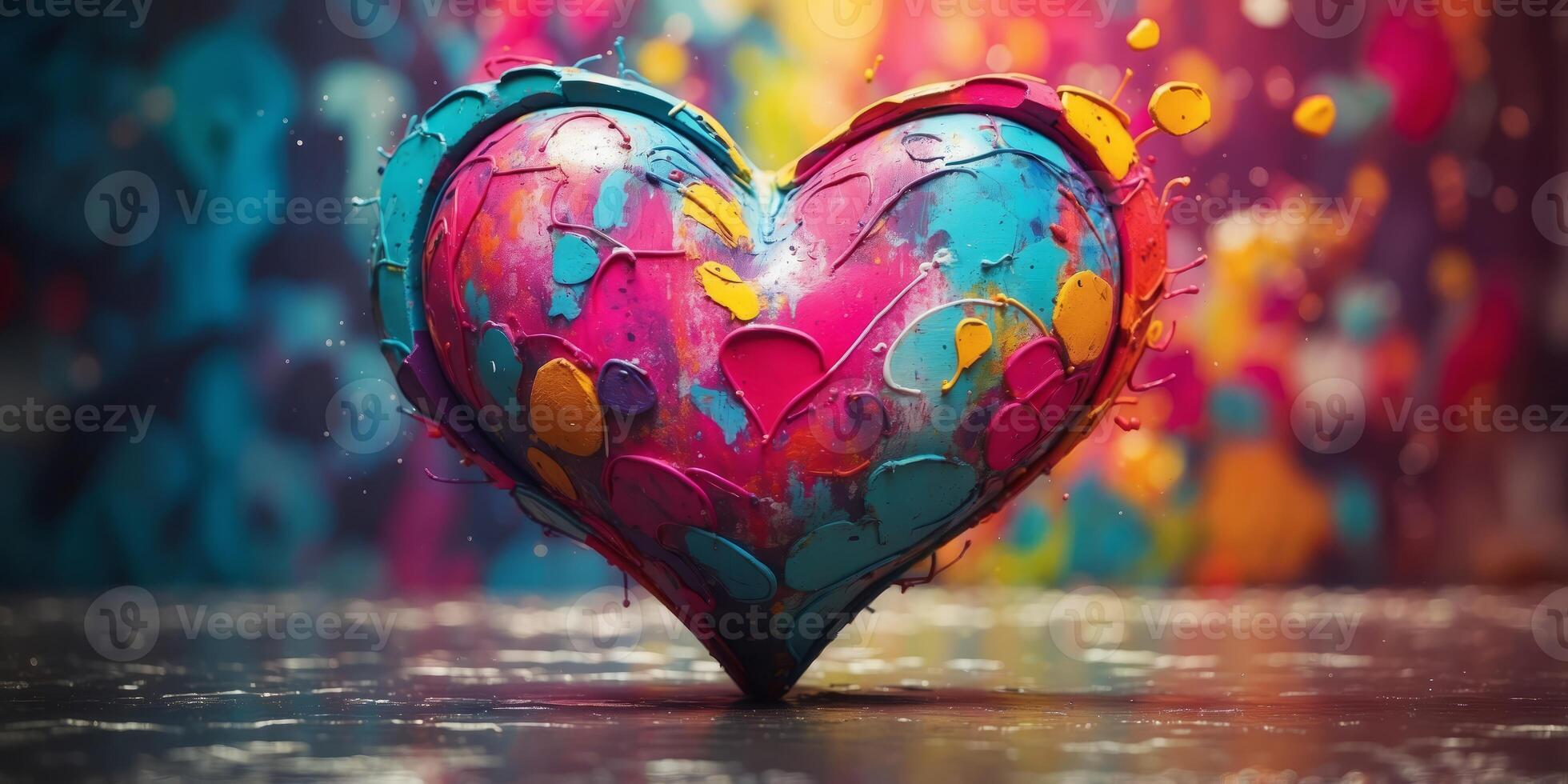A vibrant graffiti heart mural with bright colors and artistic splashes on a wall. photo