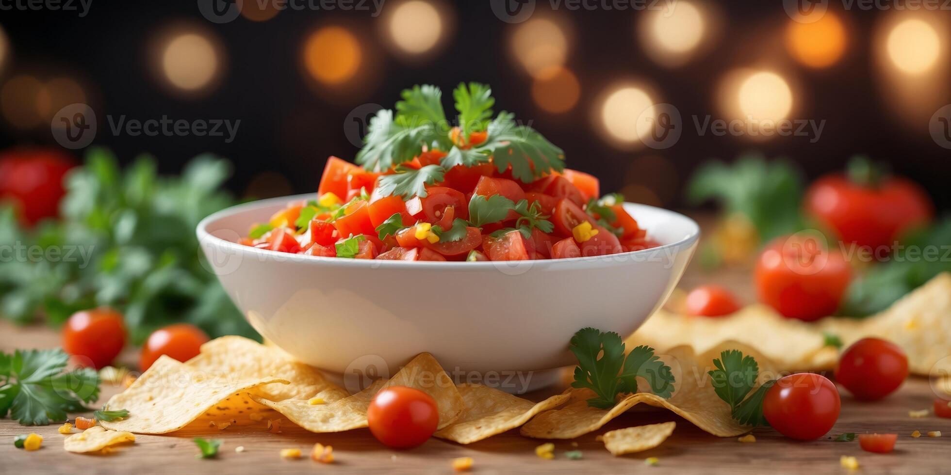 A white plate holds tortilla chips, fully covered in salsa Toppings include sliced tomatoes and cilantro. photo