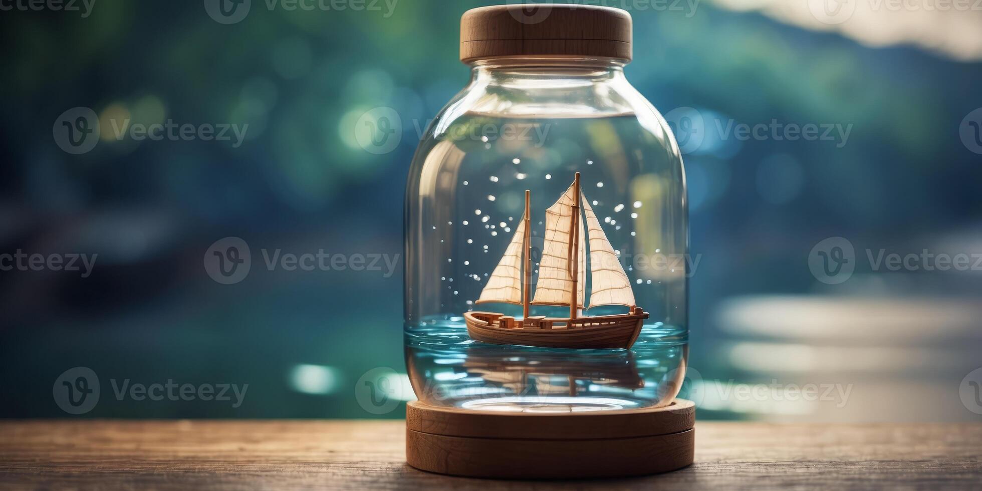 a wooden boat intricately placed inside a clear glass water bottle. photo