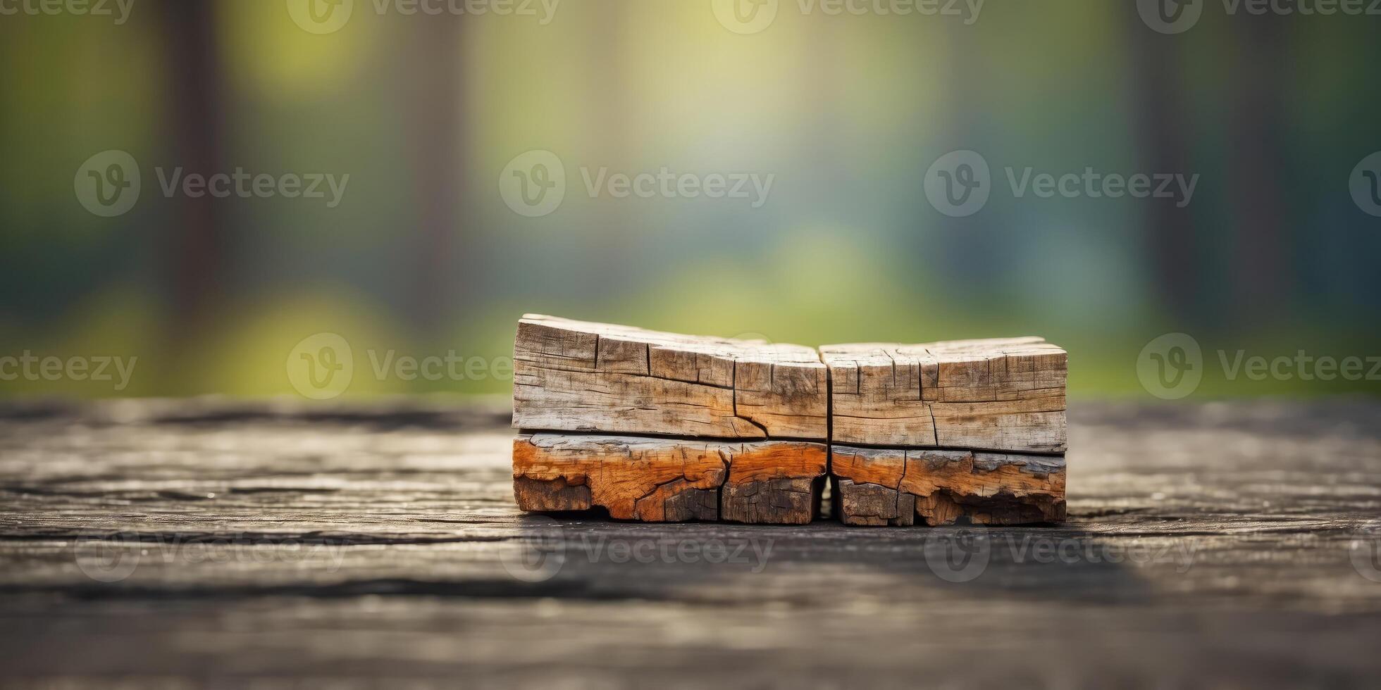 A worn piece of wood, appearing as if it's been split in two, with evident age and weathering. photo