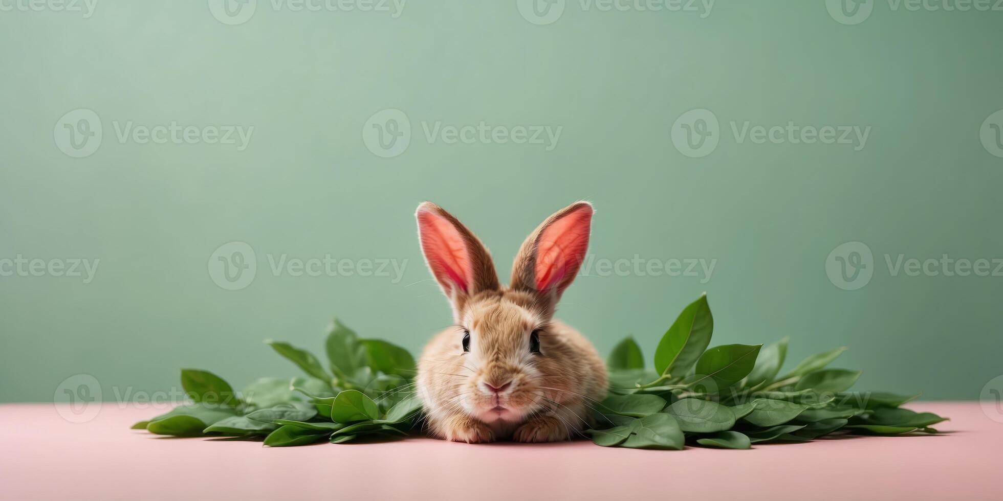 Bunny rabbit ears made of natural green leaves on pink background Easter minimal concept Flat lay. photo