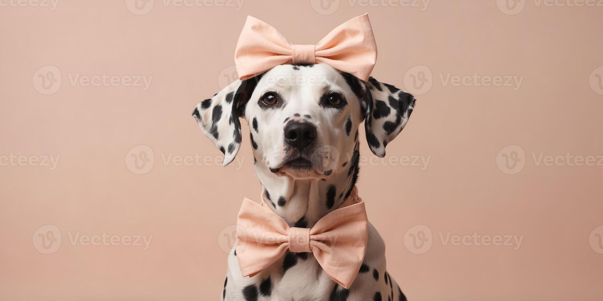 Dalmatian dog is wearing a big bow on his head on a pastel peach background Minimal fashion dog idea. photo