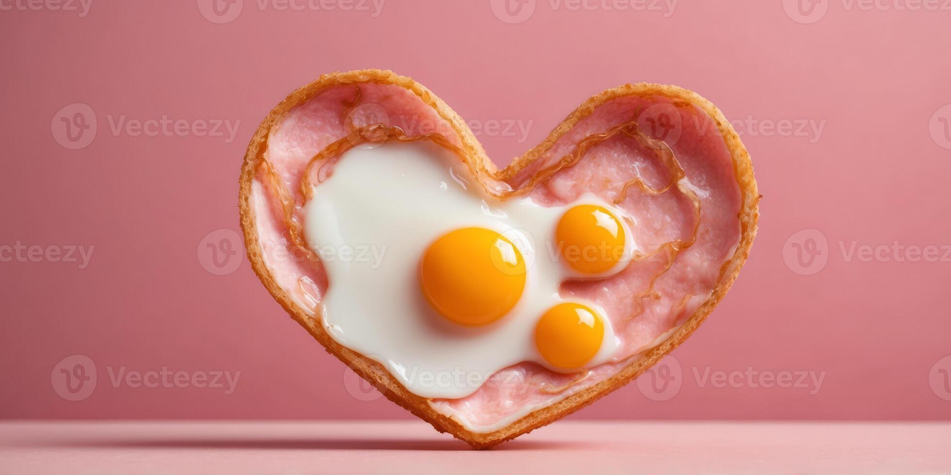 Fried eggs in the shape of a heart on pink background Minimal food idea. photo