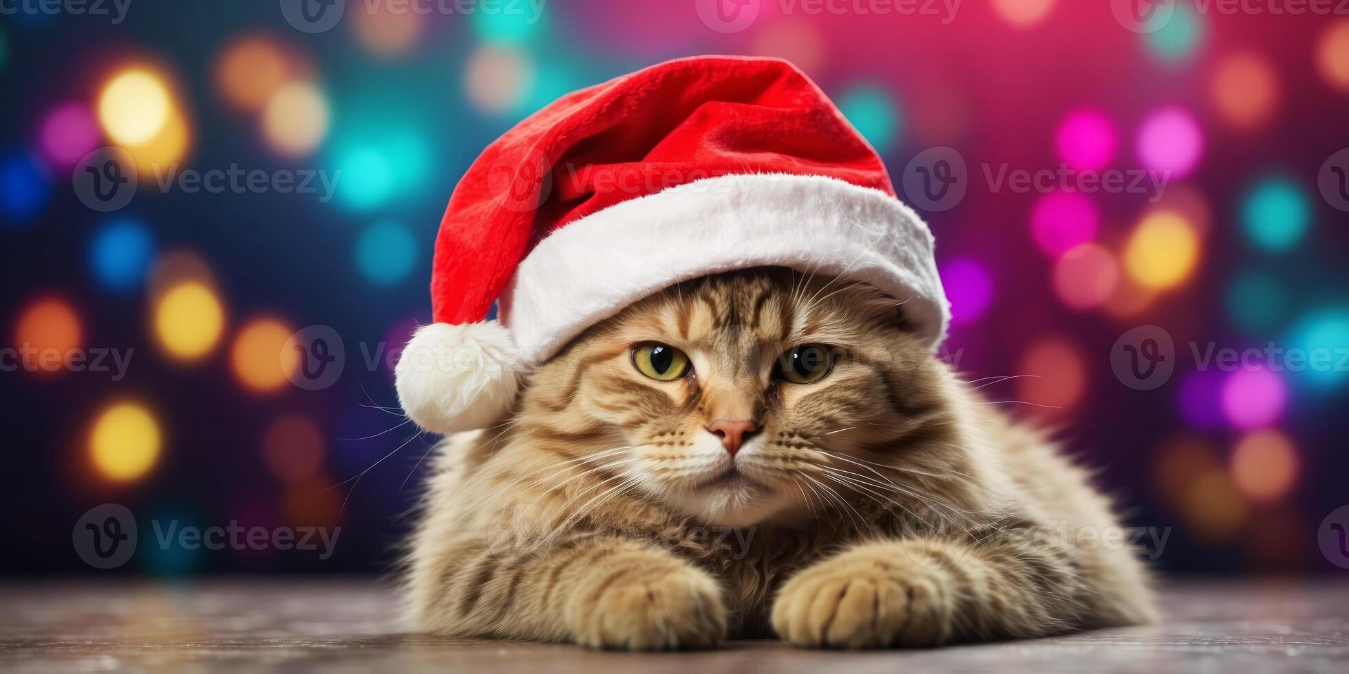 Funny cat in a santa hat on a colorful background. photo