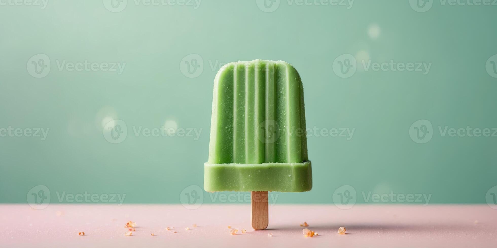 Green candy popsicle with cactus spines on pastel background Minimal food idea. photo