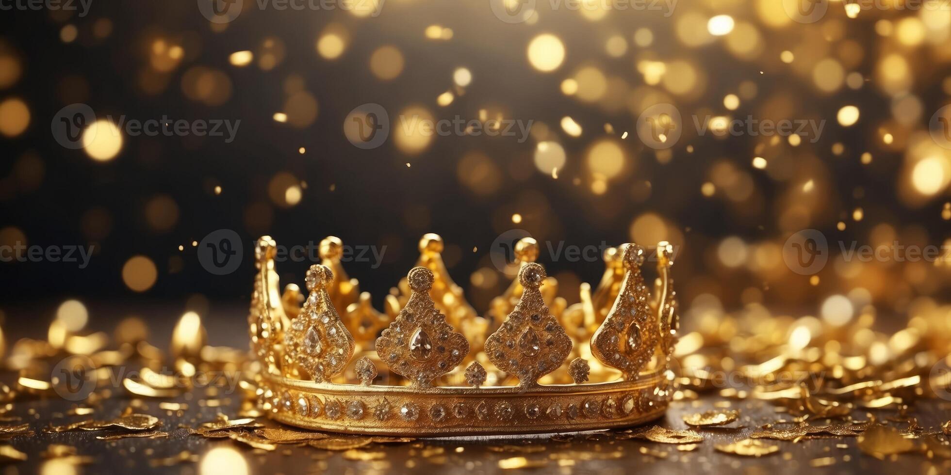 golden shiny crown on a golden confetti background. photo