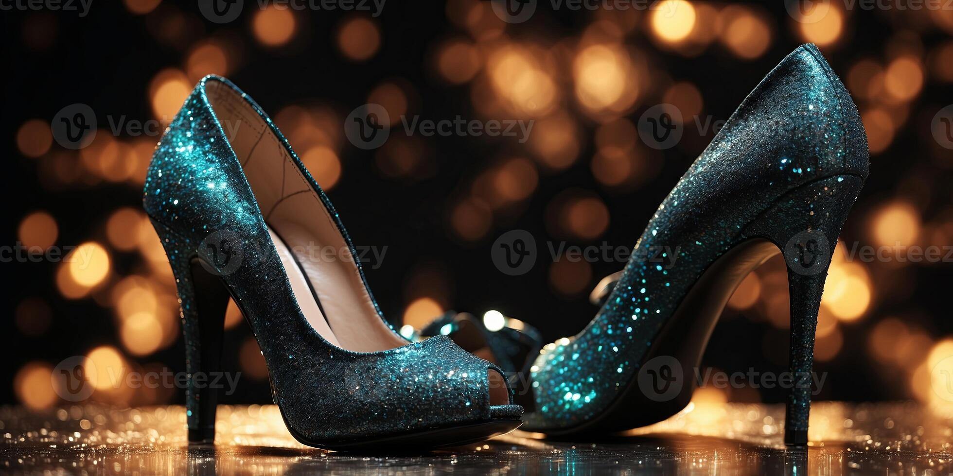 High heel fashion shoes with glitter on black background. photo