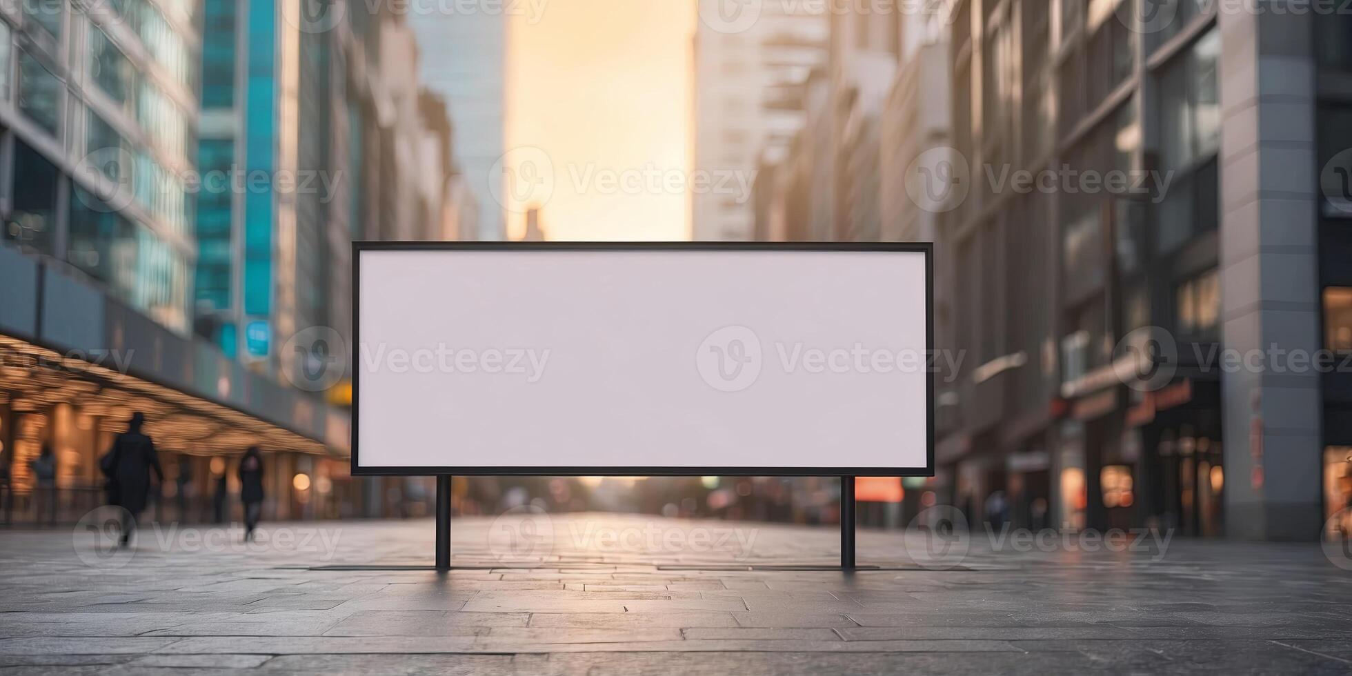 Large horizontal blank advertising poster billboard banner mockup in front of building in urban city. photo