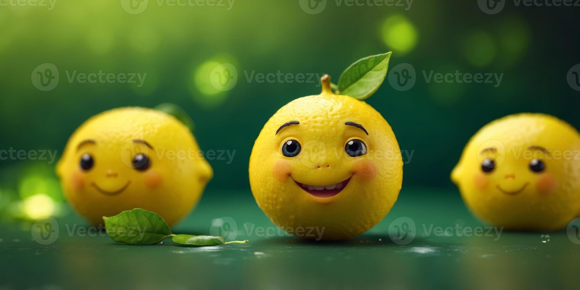 Lemon character smiling concept Fresh lemon fruits on green background Funny lemon character. photo