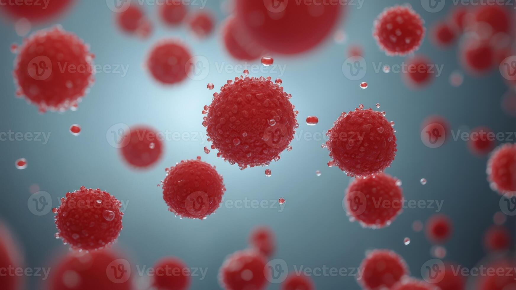 Microscopic view of red viruses floating within one liquid. photo