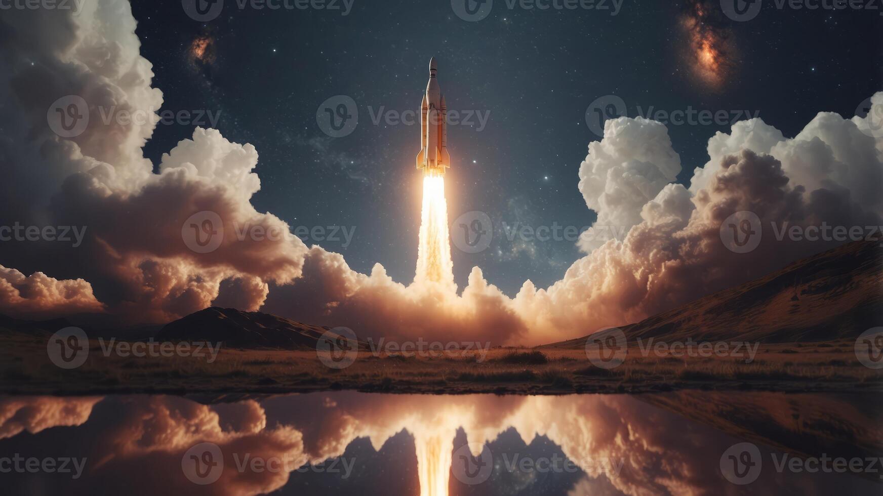 Majestic Rocket Launch into a Fantastical Cosmic Landscape. photo