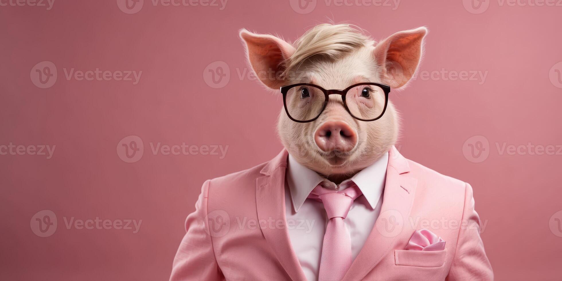 Modern pig in fashionable trendy outfit with hipster glasses and pink business suit Creative animal concept banner Pastel pink background banner with copyspace. photo