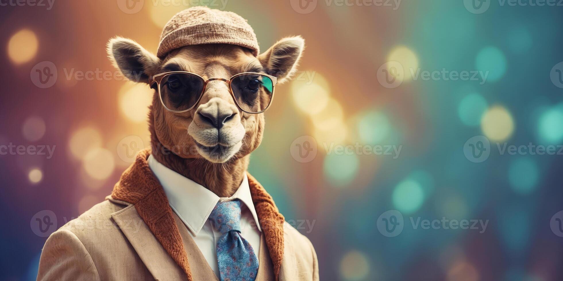 Modern camel in fashionable trendy outfit with hipster glasses and business suit Creative animal idea banner Pastel background banner with copyspace. photo