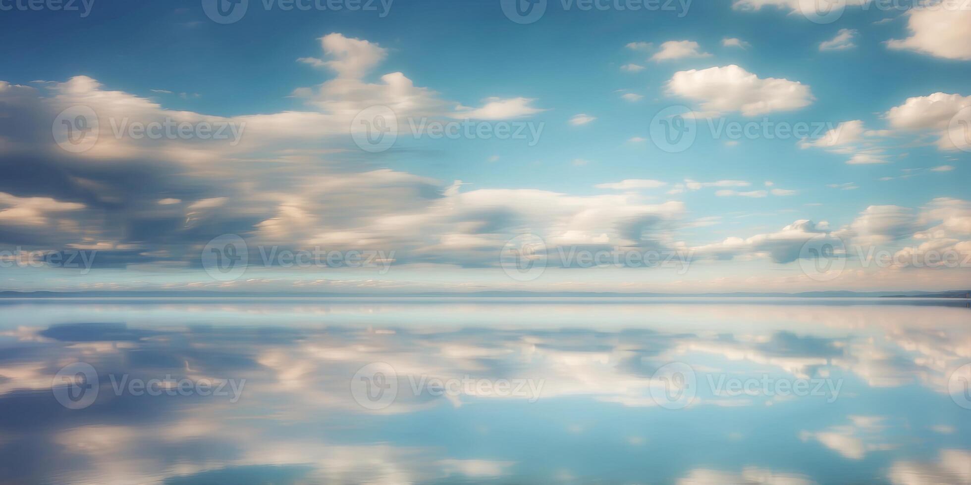 Serene sky with fluffy clouds reflected on a tranquil surface. photo