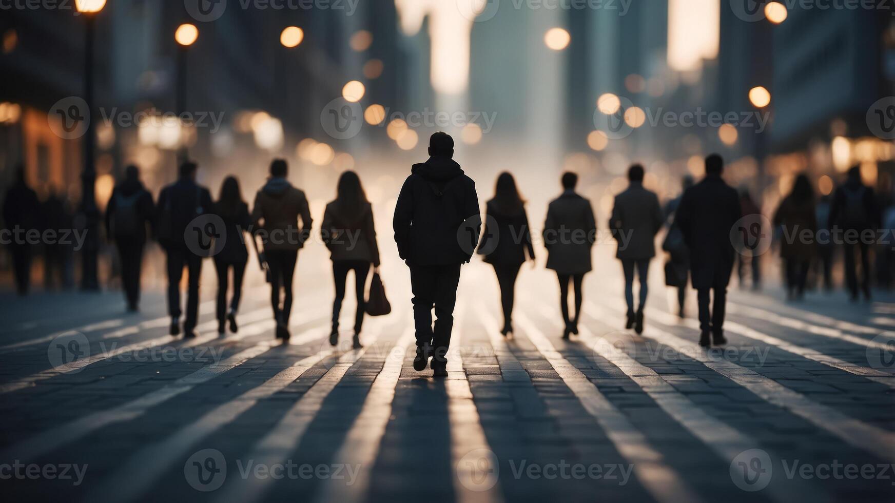 Silhouettes of commuters walking in the city on the sidewalk. photo