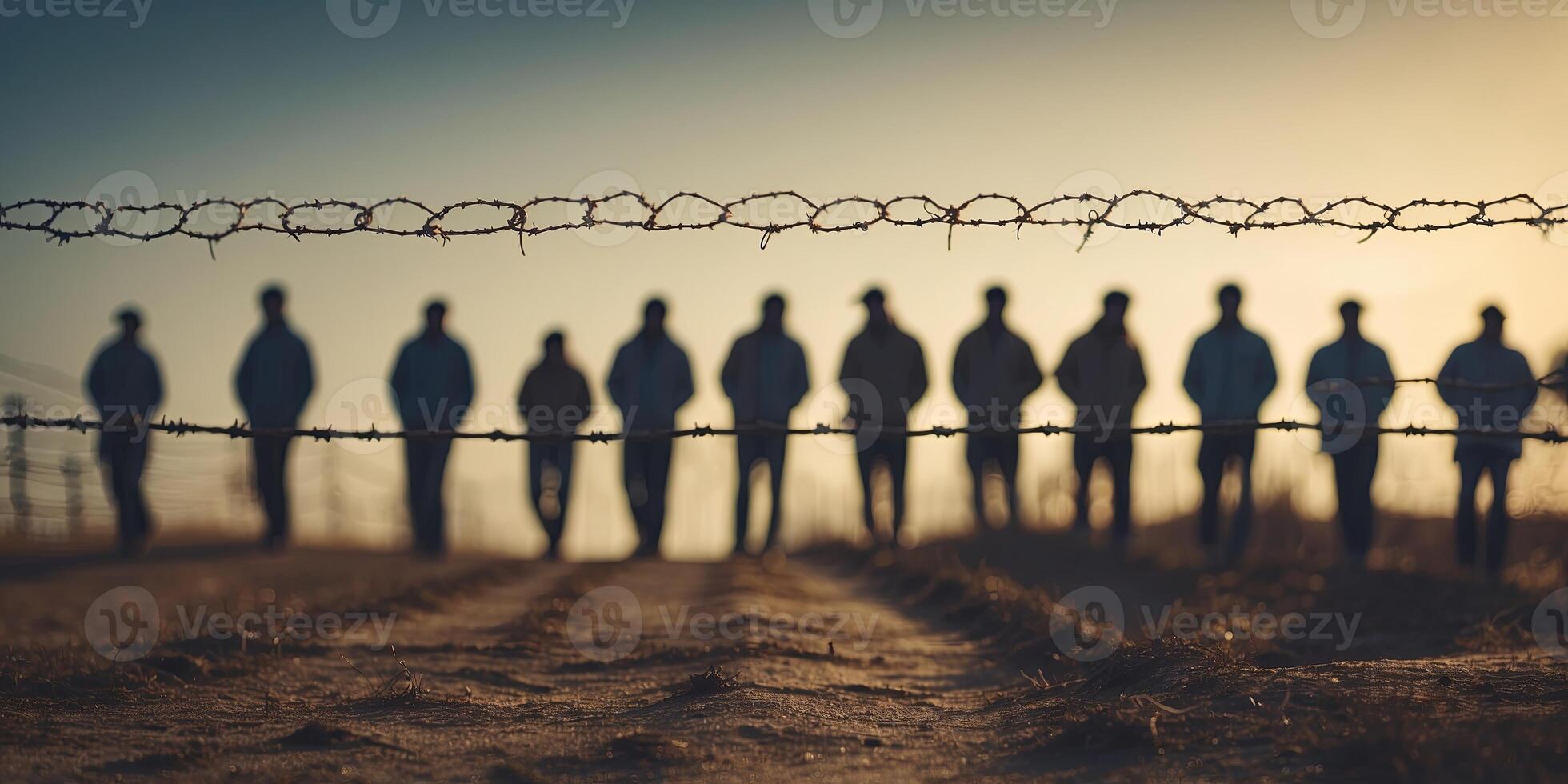 Silhouettes of migrants behind barbed wire at a border crossing. photo