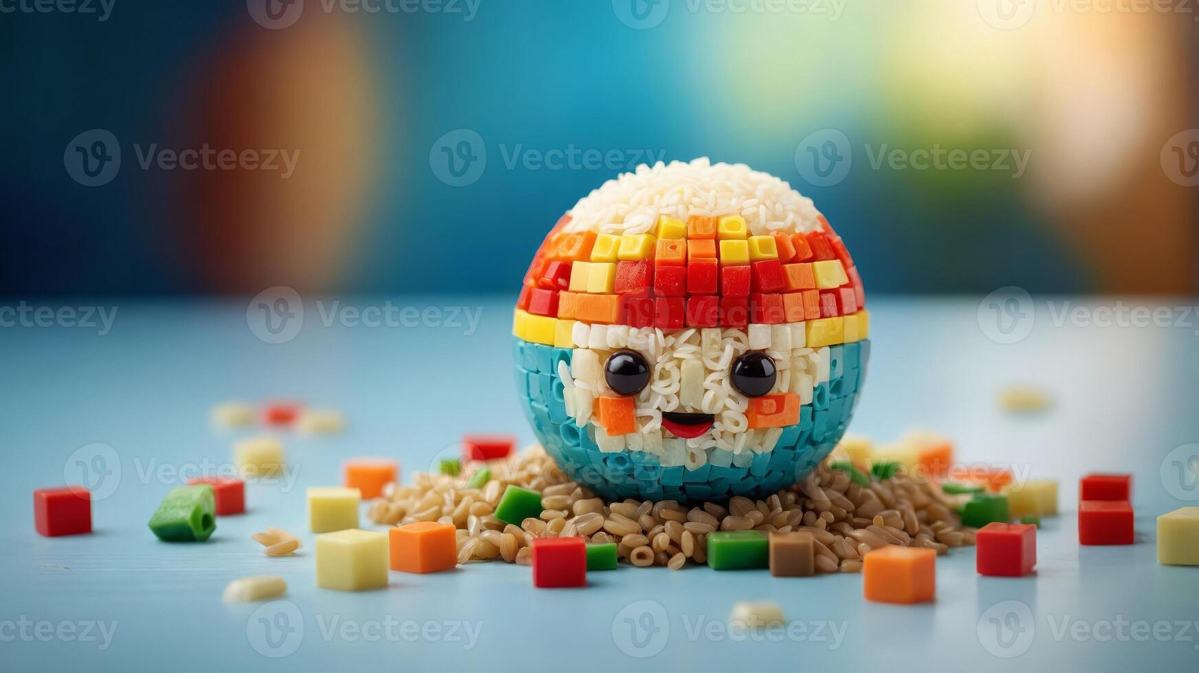 A cute and creative food art of a rice ball made with toy bricks. photo