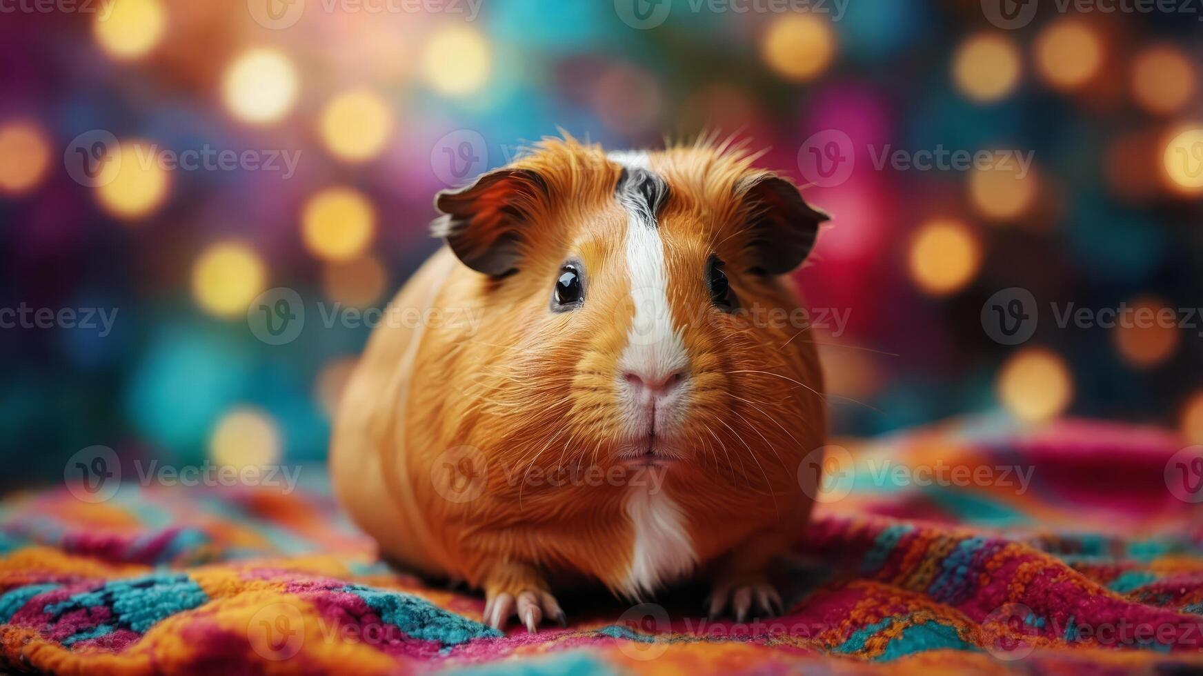 A cute and curious guinea pig sits on a colorful blanket. photo