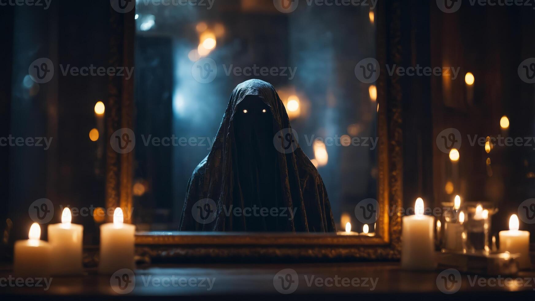 A ghostly figure emerging from a mirror in a dark, candle-lit room. photo
