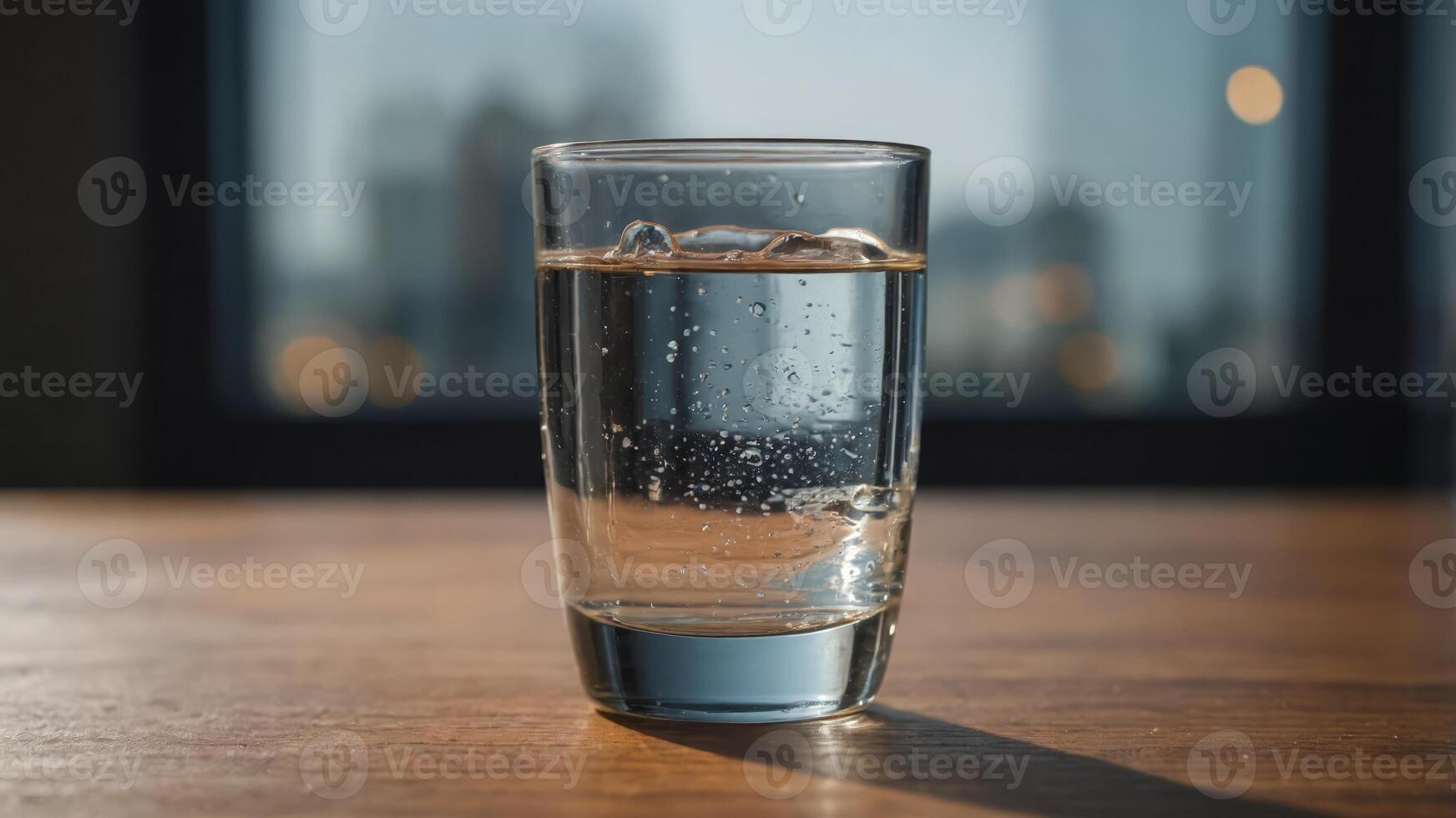 un vaso medio lleno de agua, sentado en un mesa. foto
