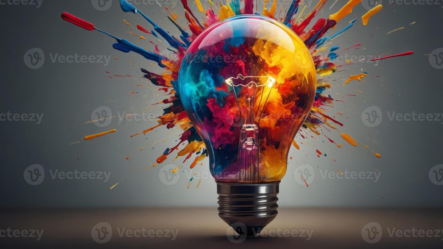A light bulb exploding with vibrant and colorful abstract shapes and splashes, representing innovation and inventive ideas. photo