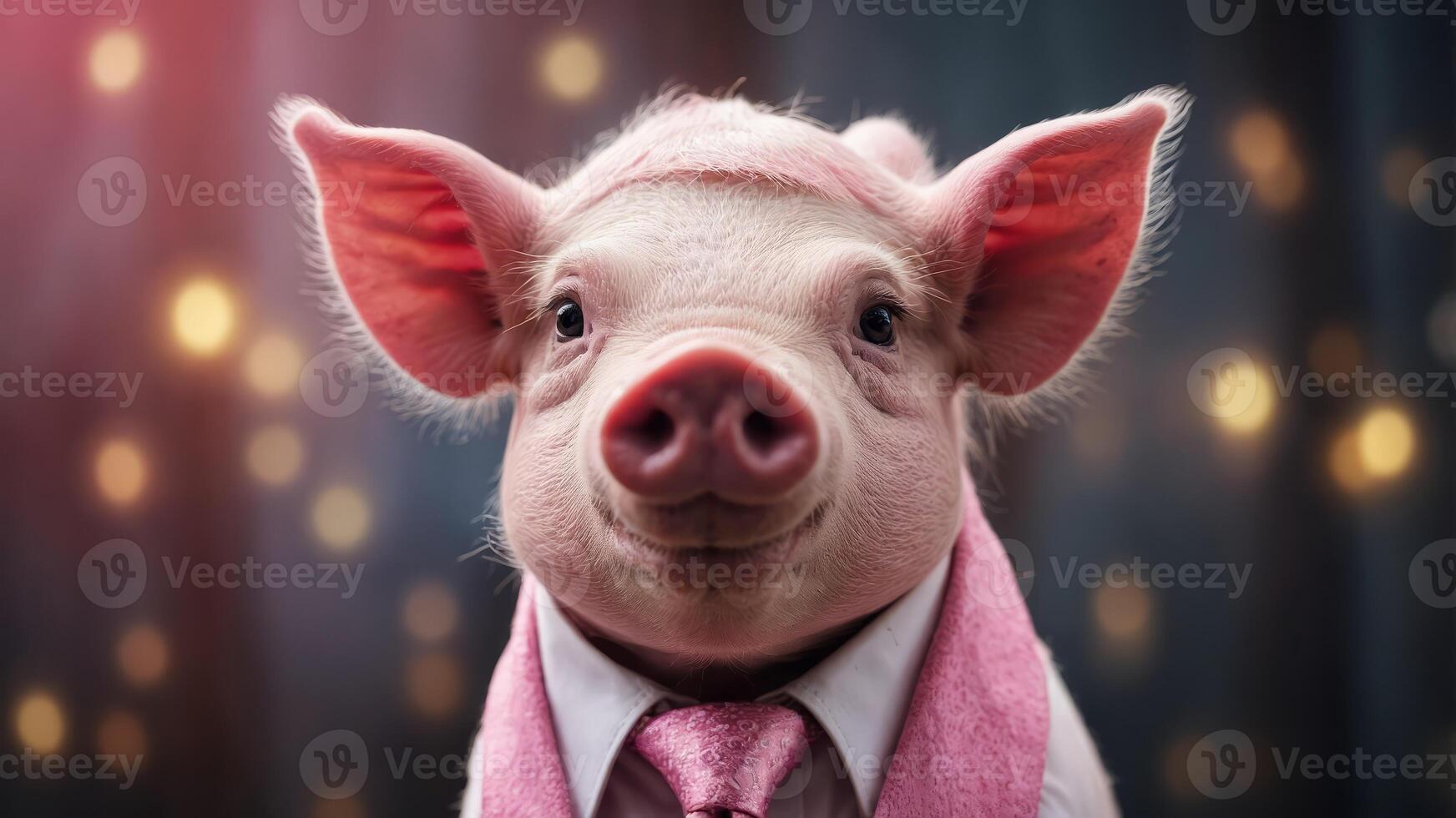 One close up of one pink pig weonering glonesses onend tie. photo
